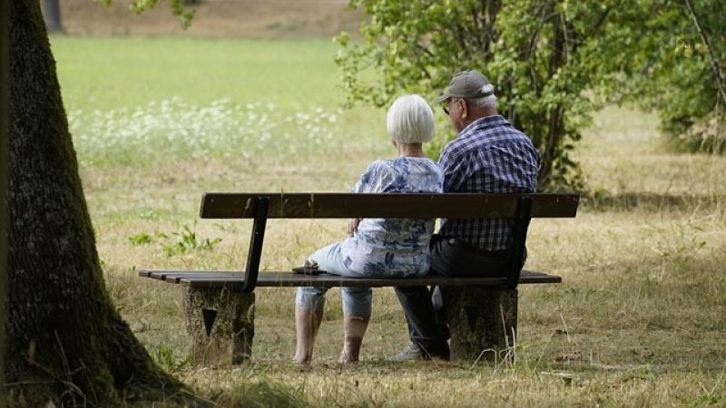 oudere vrouw en man (op de rug gezien) op een bank in het park tijdens een zomerdag